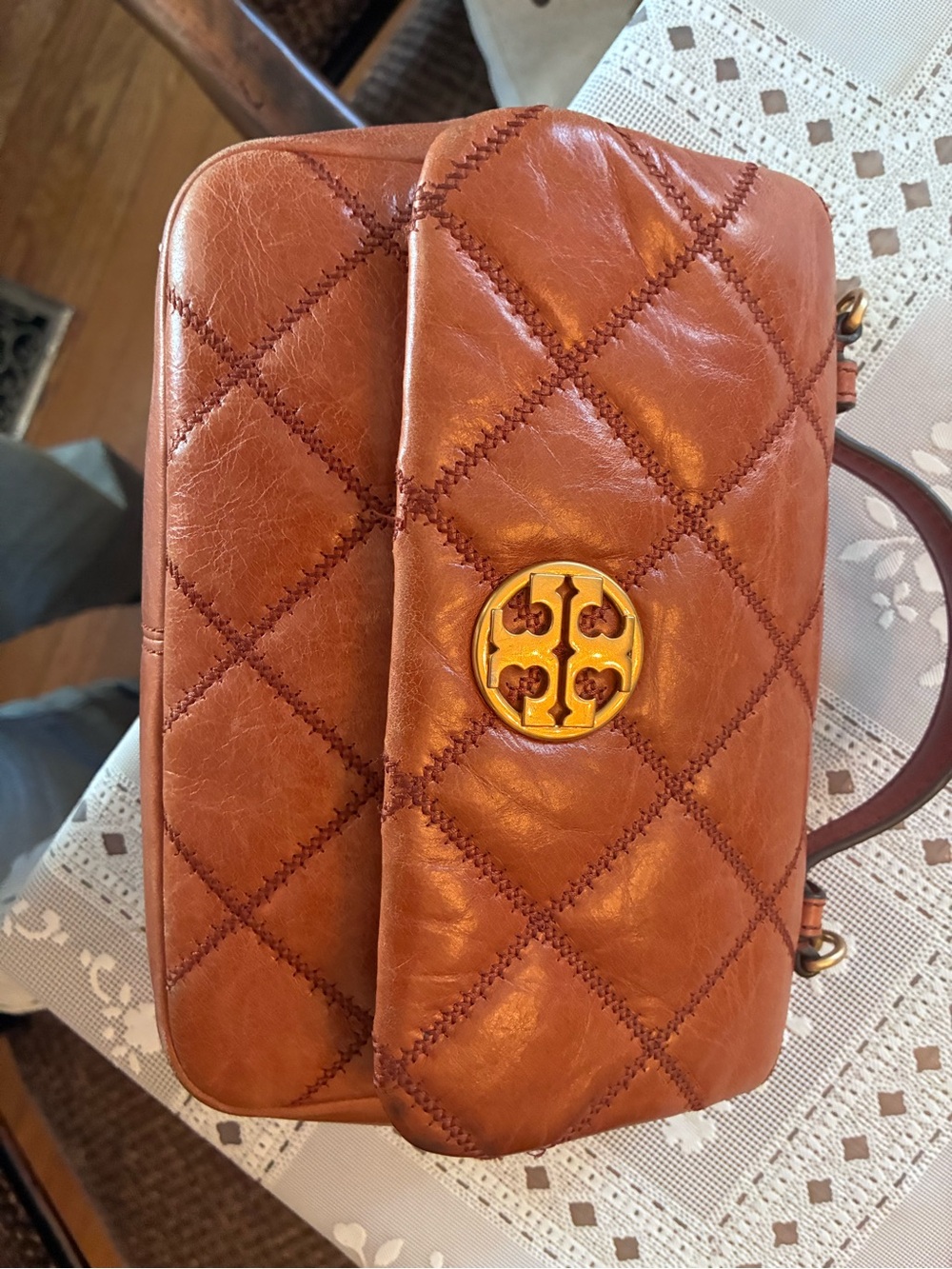 Tory Burch Quilted Cognac Leather Crossbody with Gold Logo